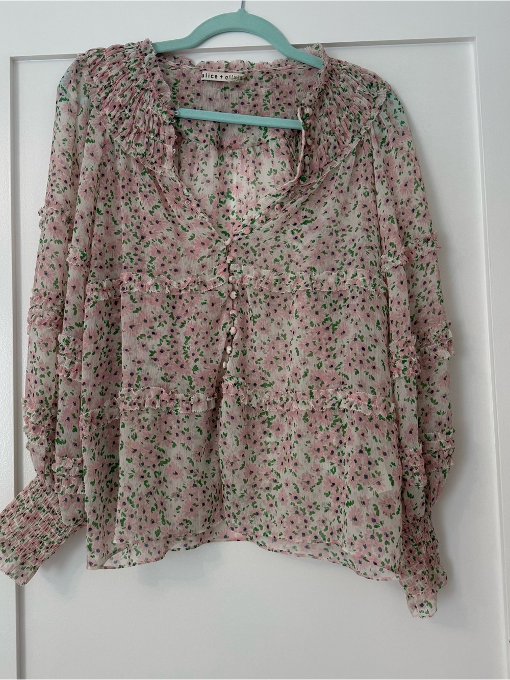 Alice + Olivia Pink and Green Floral Ruffle Blouse